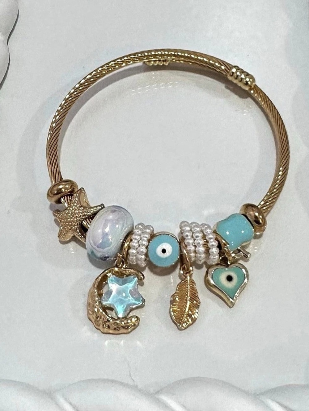 New Gold Cuff Charm Bracelet w- light blue charms